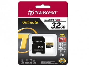 32GB MicroSD (Class 10). UHS-I (U3) +SD adapter, Transcend