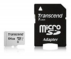 .64GB MicroSD (Class 10) UHS-I (U1),+SD adapter, Transcend "TS64GUSD300S-A" (R/W:95/45MB/s)