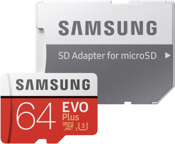 64GB MicroSD (Class 10). UHS-I (U3)+SD adapter, Samsung EVO Plus