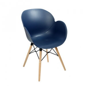Scaun din plastic şi picioare de lemn cu suport metalic 590x580x850 mm, albastru închi