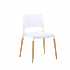 Scaun din plastic cu spate plat, picioare din lemn, alb