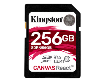 256GB  SDXC Card (Class 10) UHS-I , U3, Kingston Canvas React "SDR/256GB" (R/W:100/80MB/s)