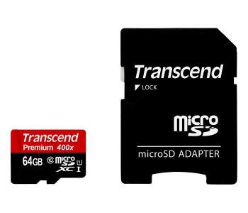 .64GB MicroSD (Class 10) UHS-I (U1) +SD adapter, Transcend "TS64GUSDU1" (R/W:60/20MB/s)