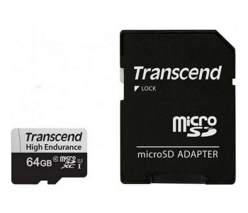 .64GB MicroSD (Class 10) UHS-I (U1),+SD adapter, Transcend "TS64GUSD350V" (R/W:95/45MB/s, Endurance)
