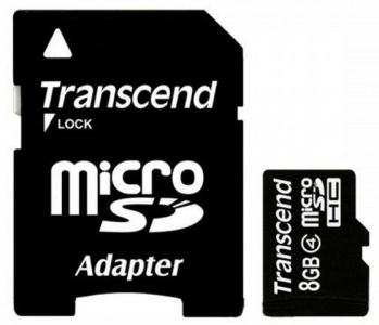 ..8GB MicroSD (Class  4) +SD adapter, Transcend "TS8GUSDHC4" (R/W:20/5MB/s)