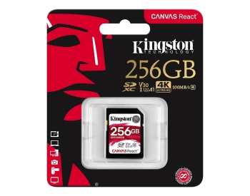 256GB  SDXC Card (Class 10) UHS-I , U3, Kingston Canvas React "SDR/256GB" (R/W:100/80MB/s)