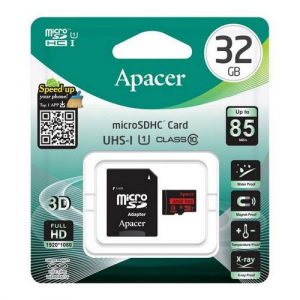 .32GB MicroSD (Class 10) UHS-I (U1) +SD adapter, Apacer "AP32GMCSH10U5-R" (R/W:85/20MB/s)