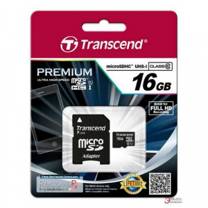 .16GB MicroSD (Class 10) UHS-I (U1) +SD adapter, Transcend "TS16GUSDU1" (R/W:60/16MB/s)