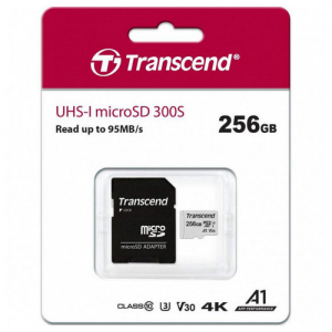 256GB MicroSD (Class 10) UHS-I (U3) +SD adapter,  Transcend "TS256GUSD300S" (R/W:95/40MB/s)