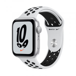 Apple Watch SE 44mm Silver Aluminum Case with Pure Platinum/Black Nike SporttBand, MKQ73 GPS, Silver