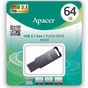  64GB USB3.1 Flash Drive Apacer "AH360", Black Nickel, Slim Metallic, Capless (AP64GAH360A-1)