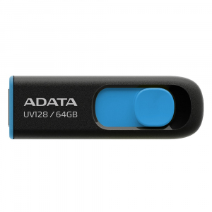  64GB USB3.1 Flash Drive ADATA "UV128", Black-Blue, Plastic, Slider (R/W:80/20MB/s)