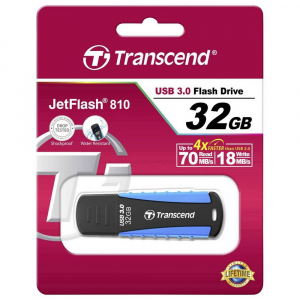  32GB USB3.1 Flash Drive Transcend "JetFlash 810", Black-Blue, Rubber Case (R/W:90/25MB/s)