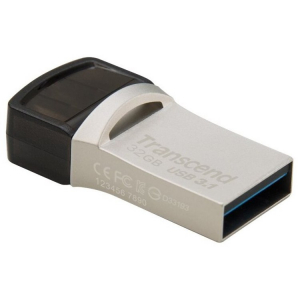   32GB USB3.1/Type-C Flash Drive  Transcend "JetFlash 890", Silver, Metal Case, OTG (R/W:90/25MB/s)