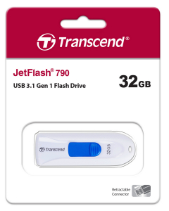  32GB USB3.1 Flash Drive Transcend "JetFlash  790", White, Slider (R/W:90/25MB/s)