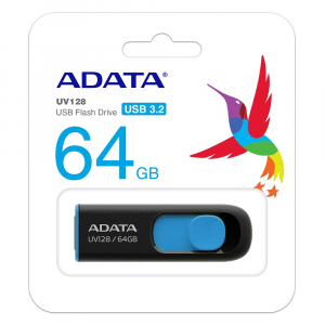  64GB USB3.1 Flash Drive ADATA "UV128", Black-Blue, Plastic, Slider (R/W:80/20MB/s)